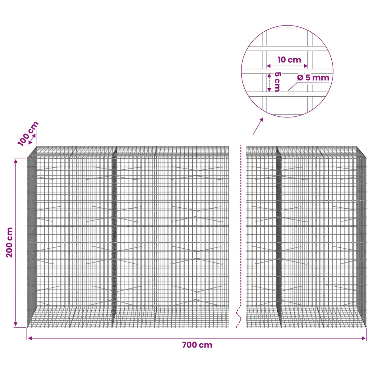 Gabion with 5 mm Wire and 5x10 cm Mesh 700x100x200 cm