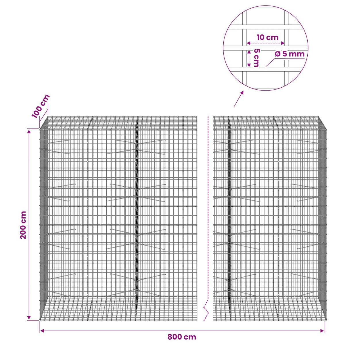 Gabion with 5 mm Wire and 5x10 cm Mesh 800x100x200 cm