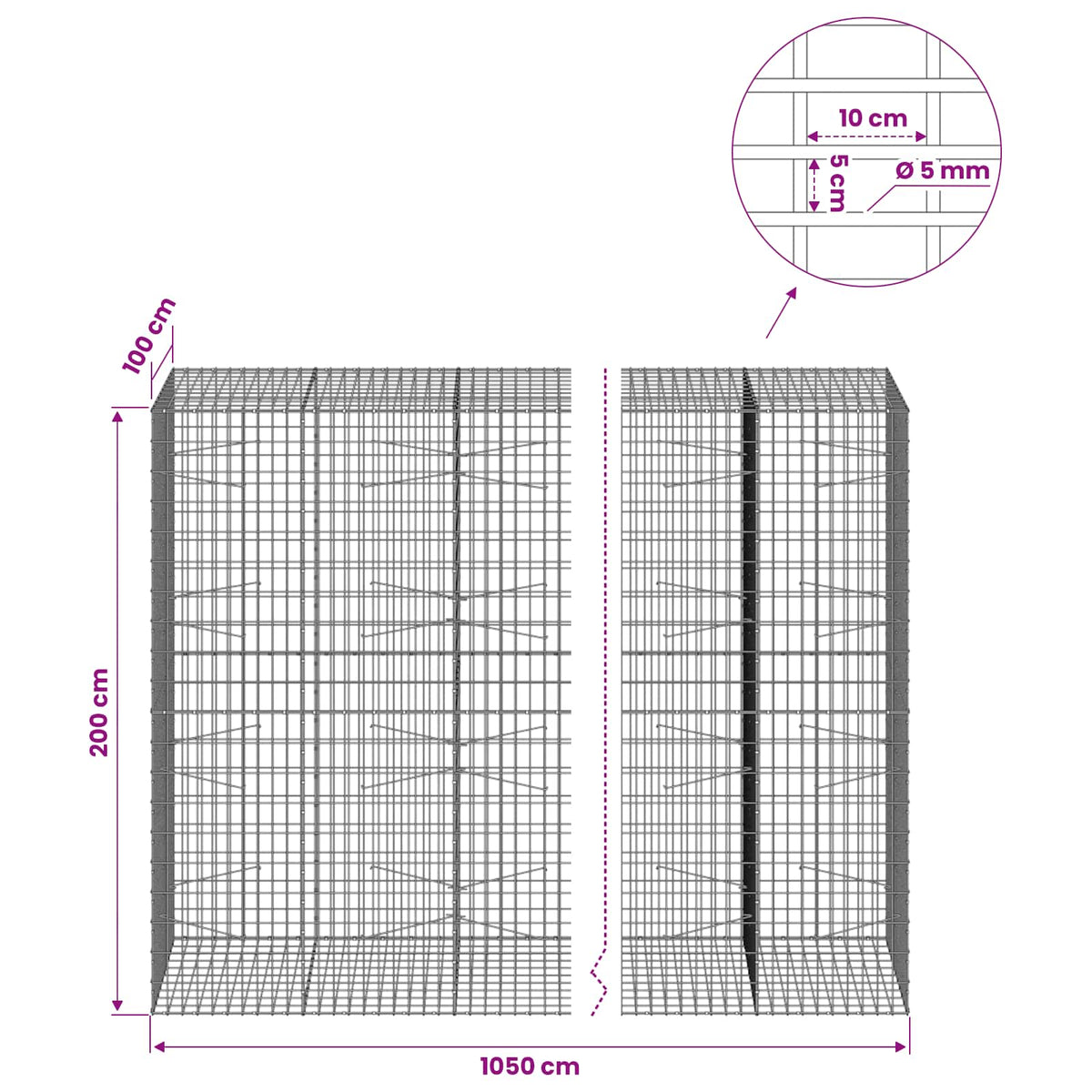 Gabion with 5 mm Wire and 5x10 cm Mesh 1050x100x200 cm