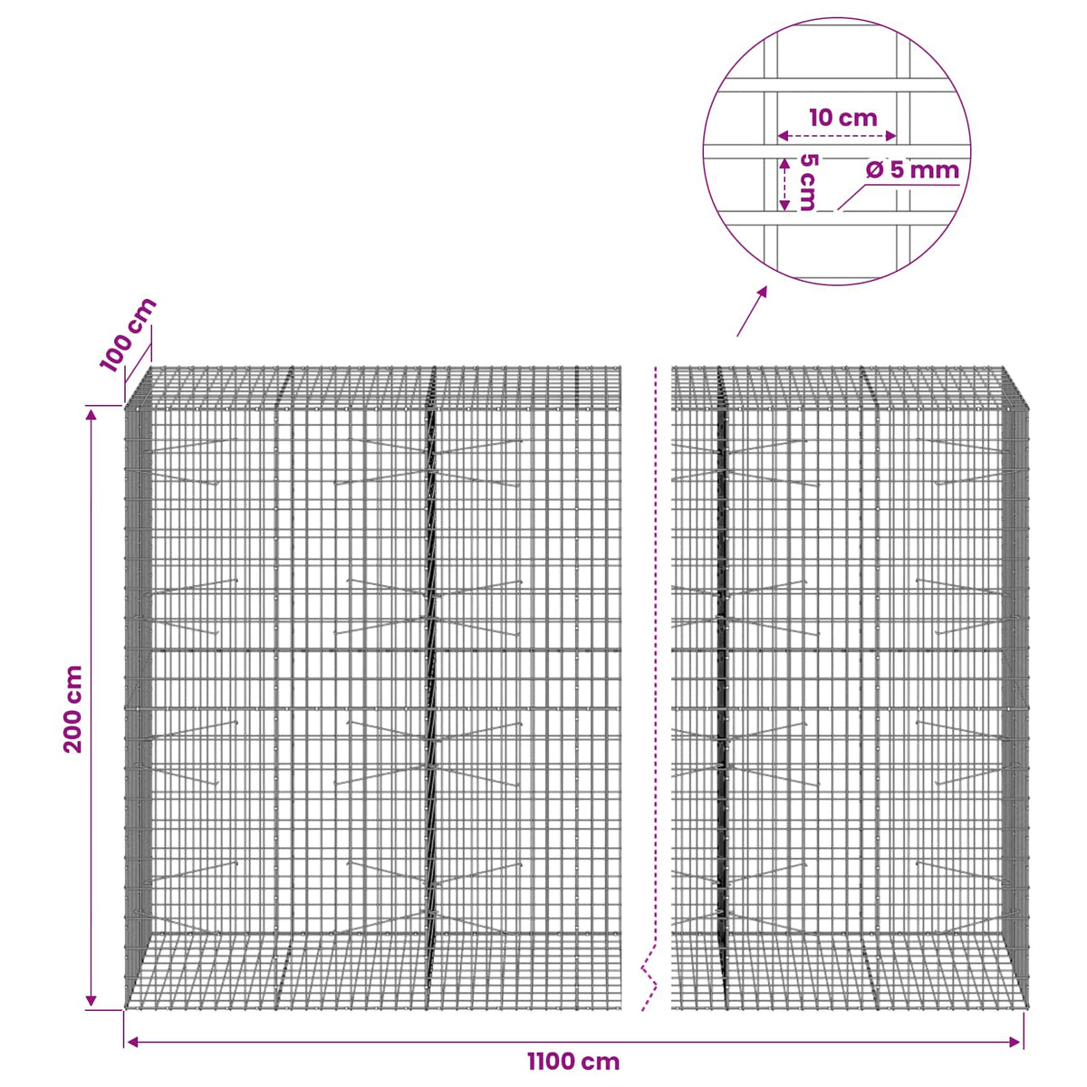 Gabion with 5 mm Wire and 5x10 cm Mesh 1100x100x200 cm