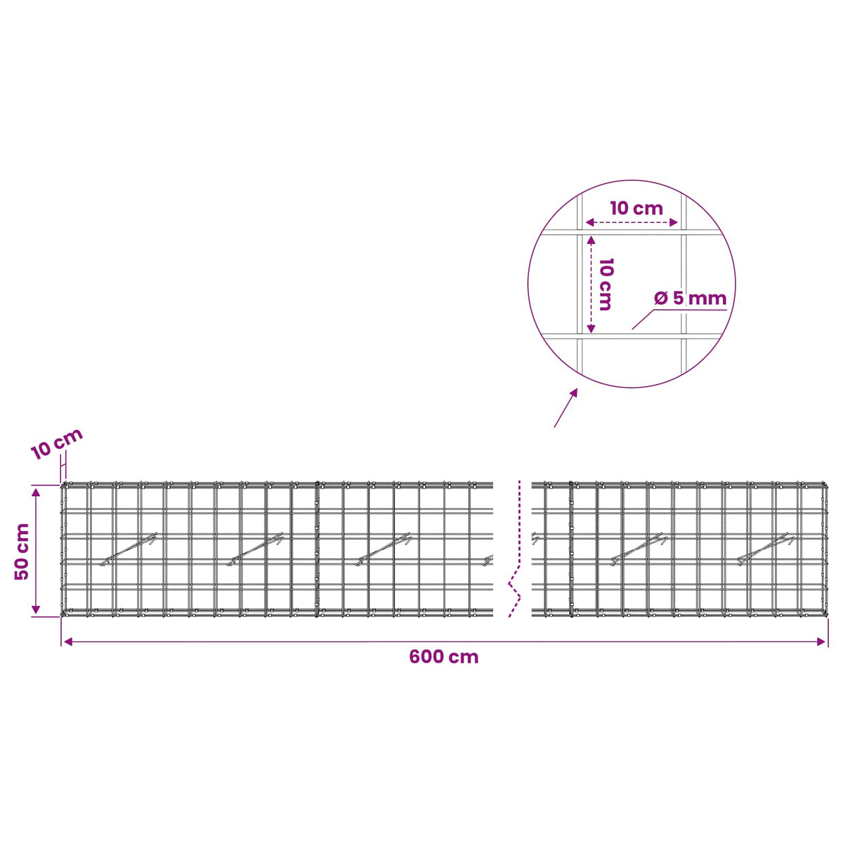 Gabion with 5 mm Wire and 10x10 cm Mesh 600x10x50 cm