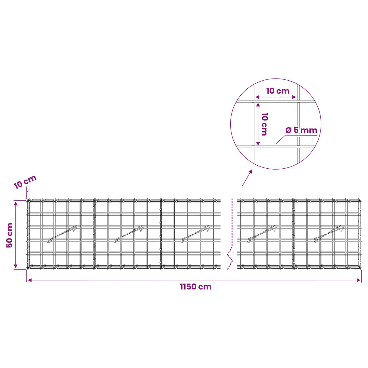 Gabion with 5 mm Wire and 10x10 cm Mesh 1150x10x50 cm