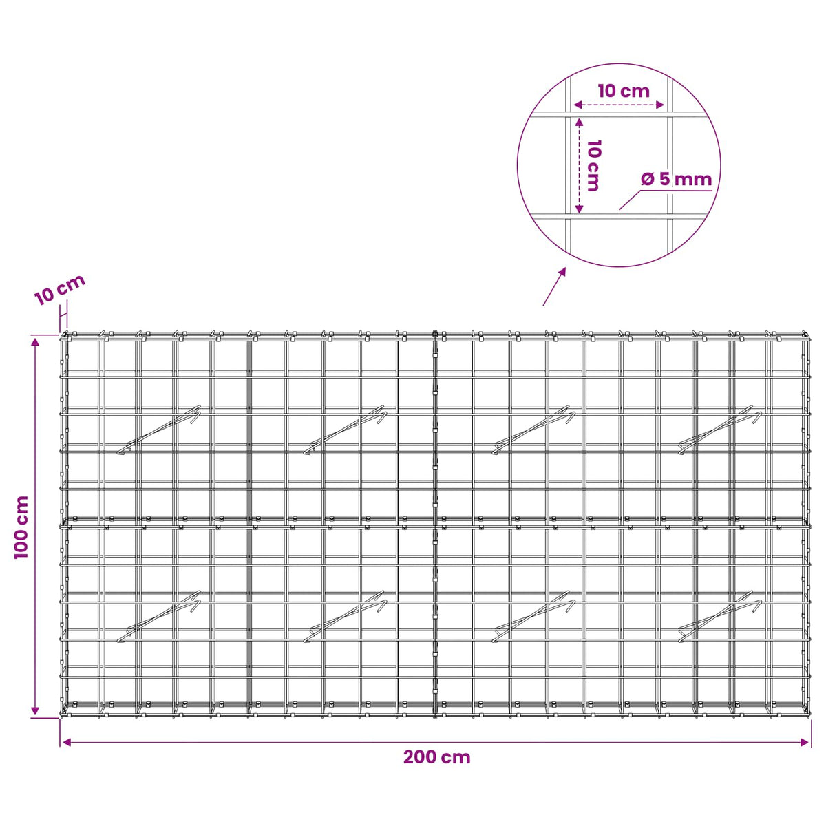 Gabion with 5 mm Wire and 10x10 cm Mesh 200x10x100 cm