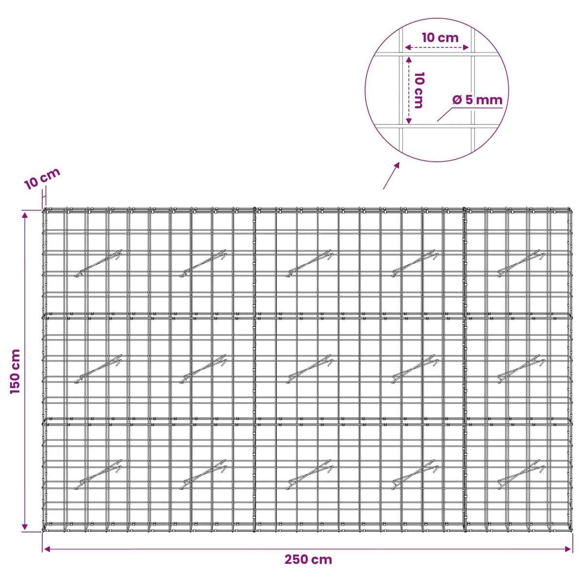 Gabion with 5 mm Wire and 10x10 cm Mesh 250x10x150 cm