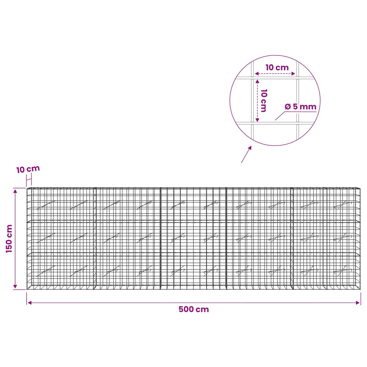 Gabion with 5 mm Wire and 10x10 cm Mesh 500x10x150 cm