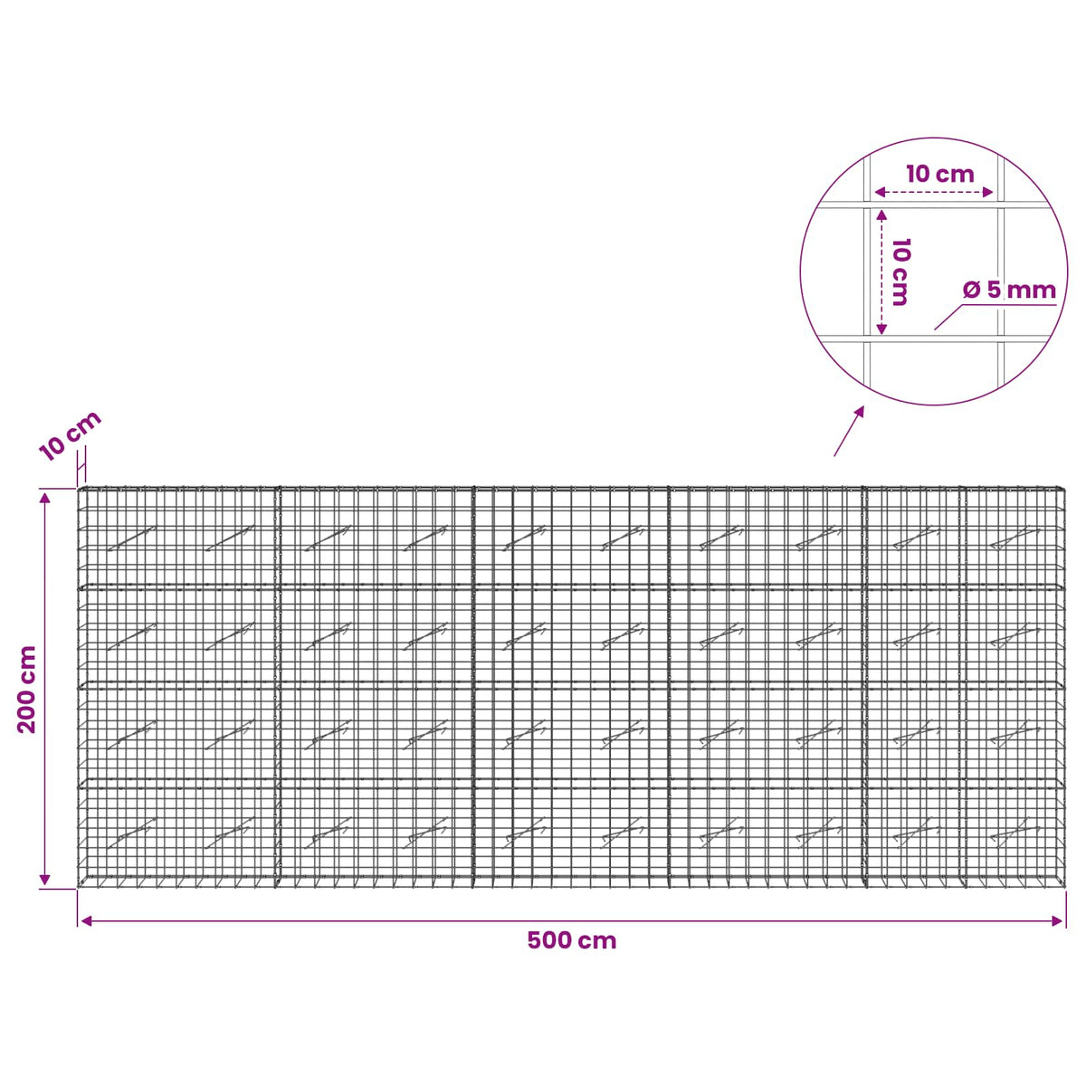 Gabion with 5 mm Wire and 10x10 cm Mesh 500x10x200 cm