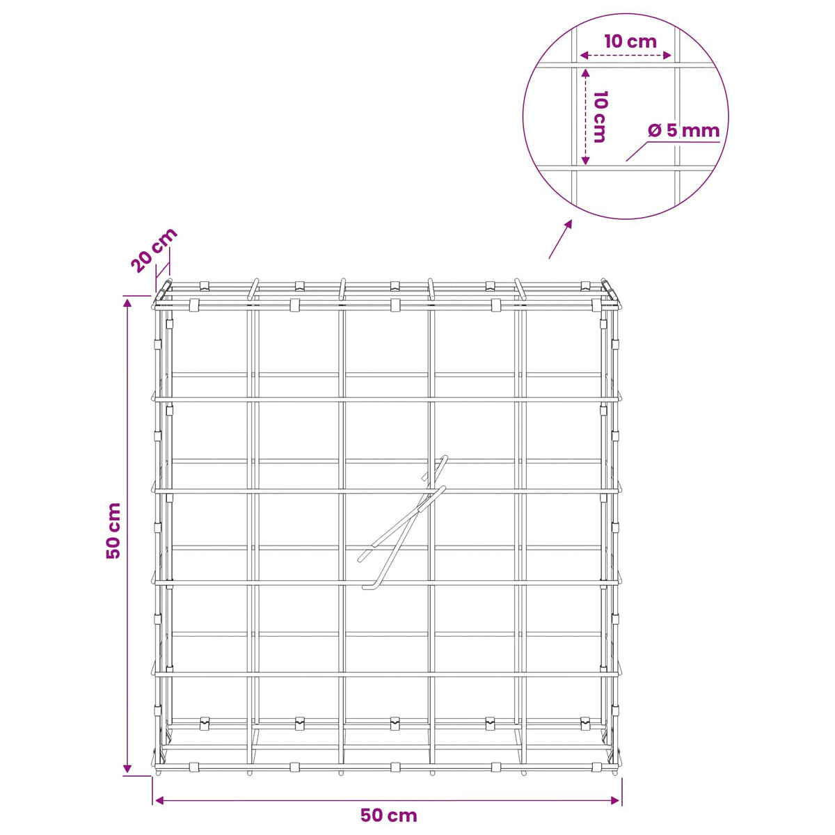 Gabion with 5 mm Wire and 10x10 cm Mesh 50x20x50 cm