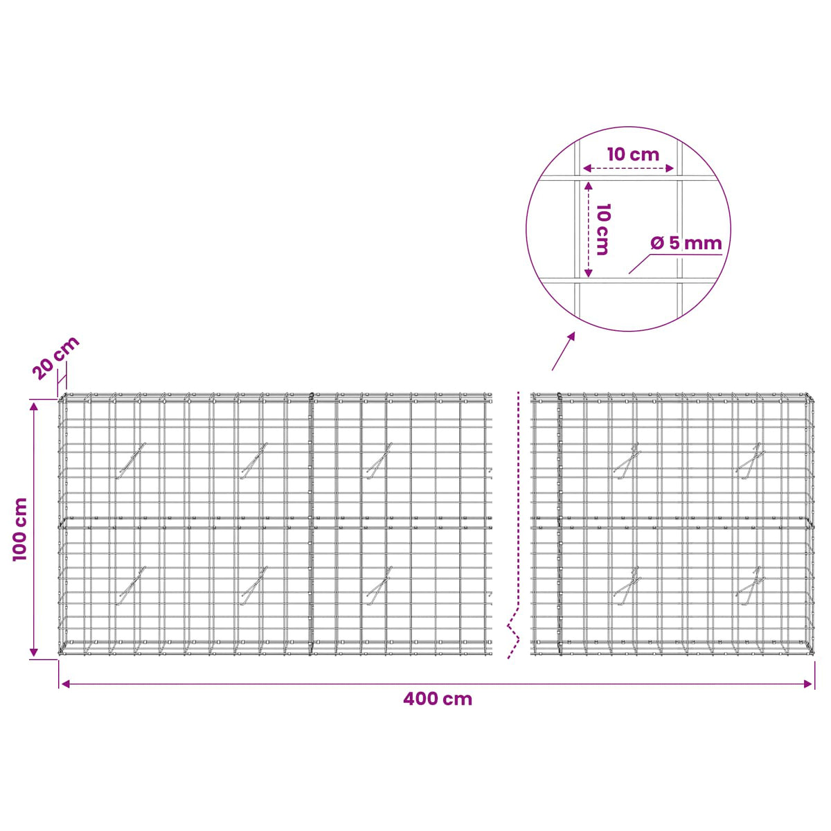 Gabion with 5 mm Wire and 10x10 cm Mesh 400x20x100 cm
