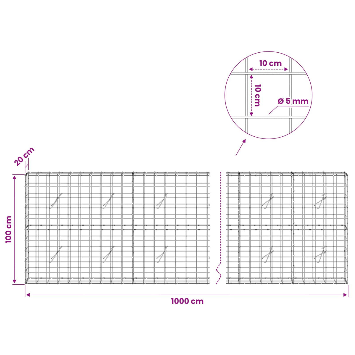 Gabion with 5 mm Wire and 10x10 cm Mesh 1000x20x100 cm