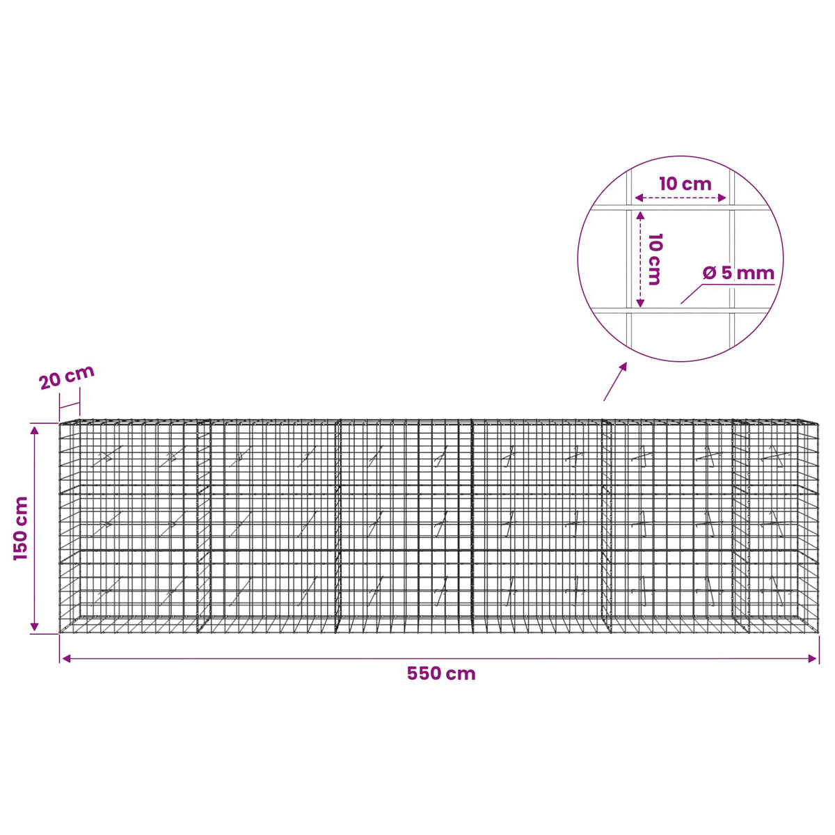 Gabion with 5 mm Wire and 10x10 cm Mesh 550x20x150 cm