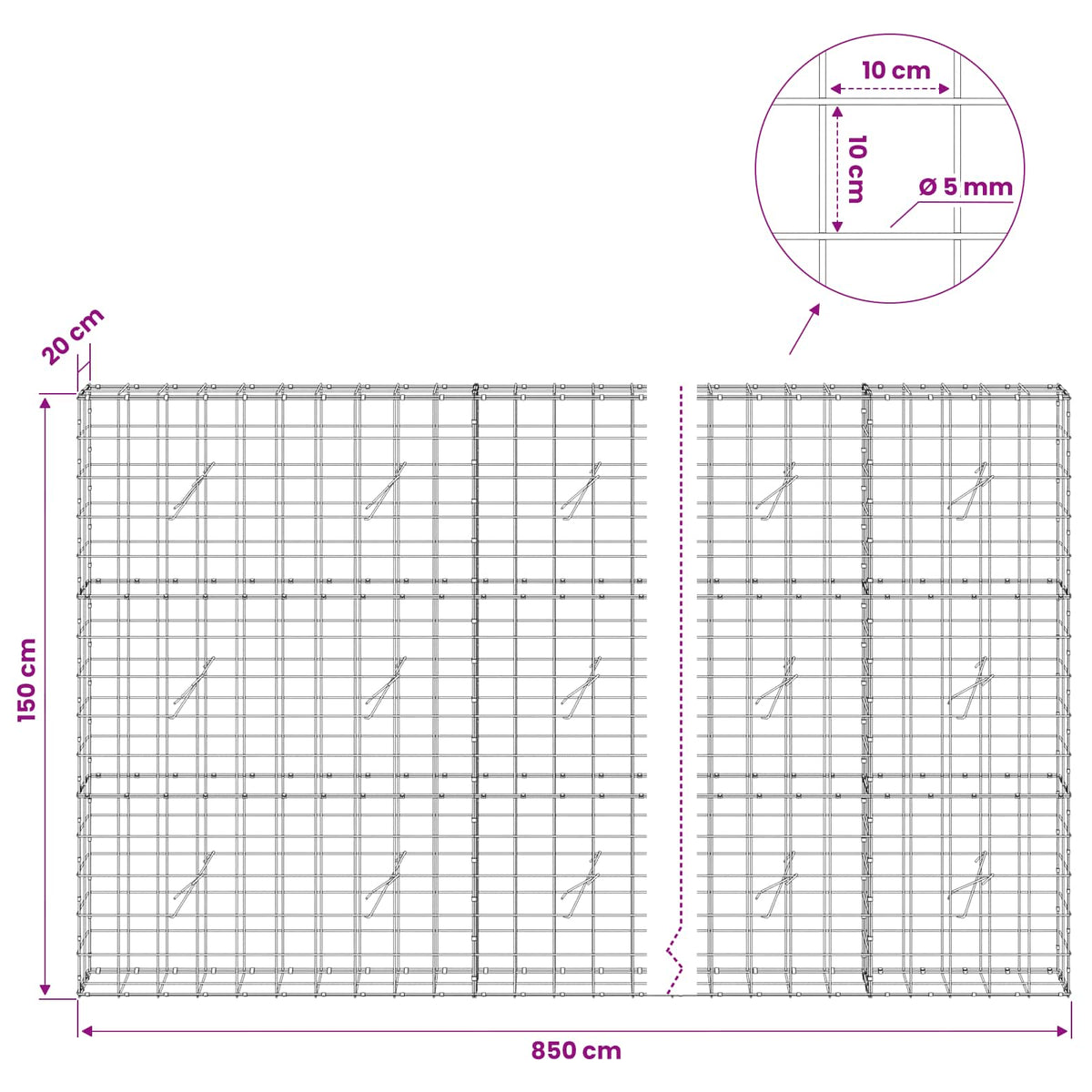 Gabion with 5 mm Wire and 10x10 cm Mesh 850x20x150 cm