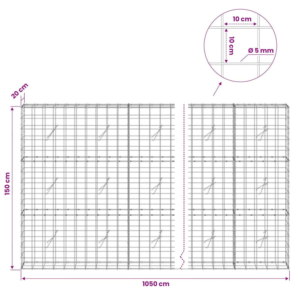 Gabion with 5 mm Wire and 10x10 cm Mesh 1050x20x150 cm