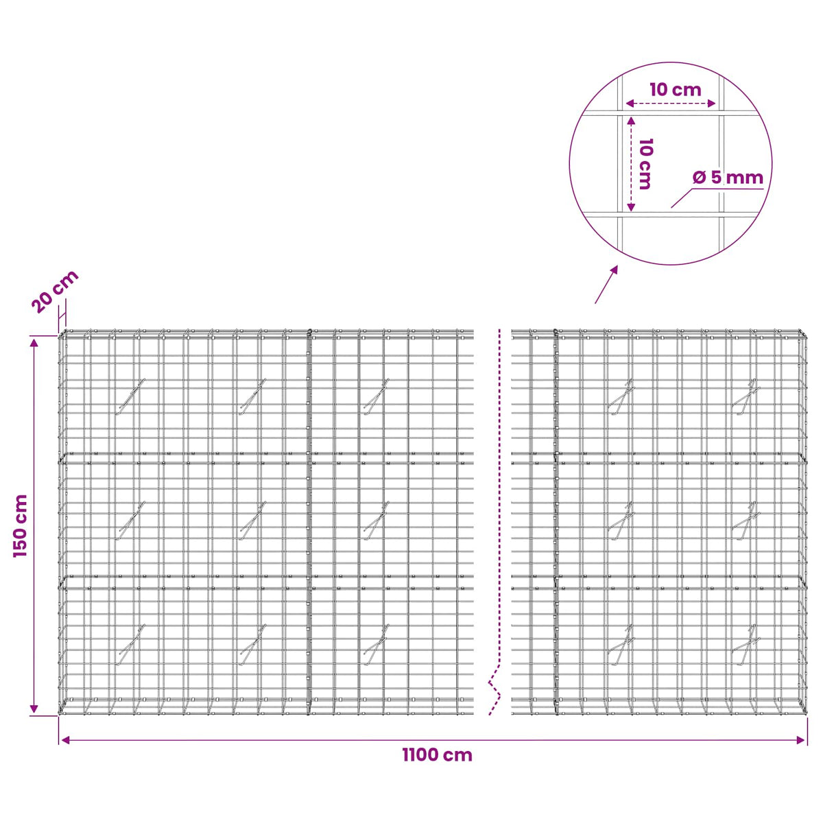 Gabion with 5 mm Wire and 10x10 cm Mesh 1100x20x150 cm