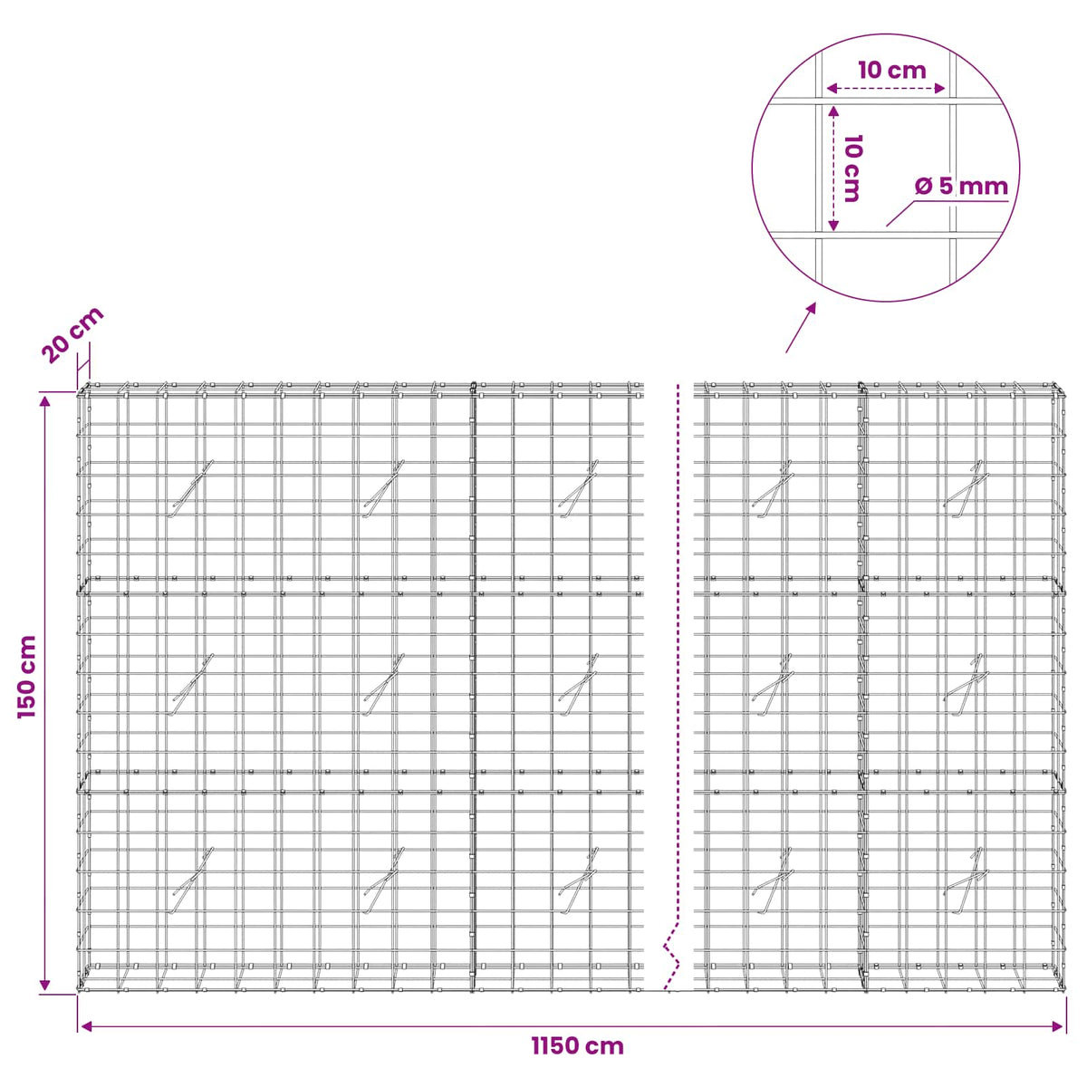 Gabion with 5 mm Wire and 10x10 cm Mesh 1150x20x150 cm