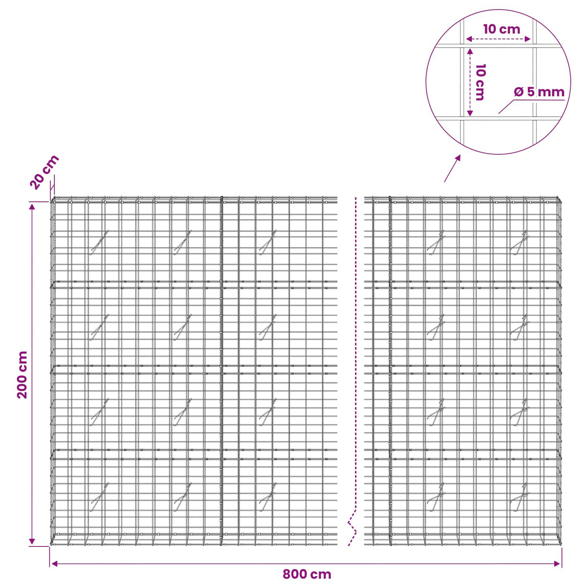 Gabion with 5 mm Wire and 10x10 cm Mesh 800x20x200 cm