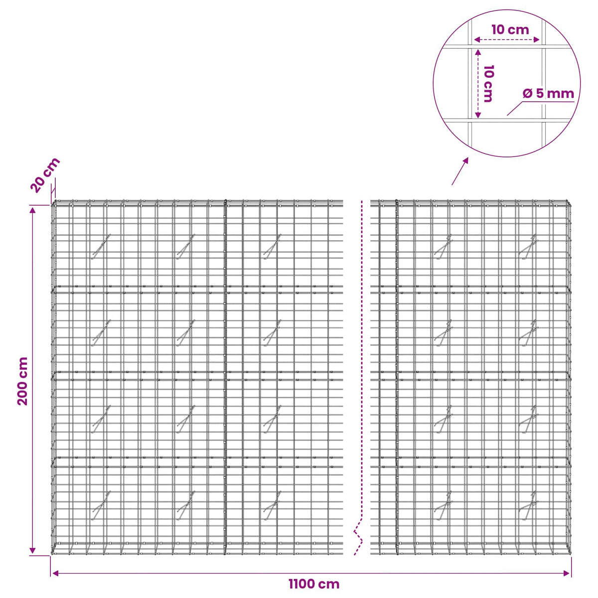 Gabion with 5 mm Wire and 10x10 cm Mesh 1100x20x200 cm