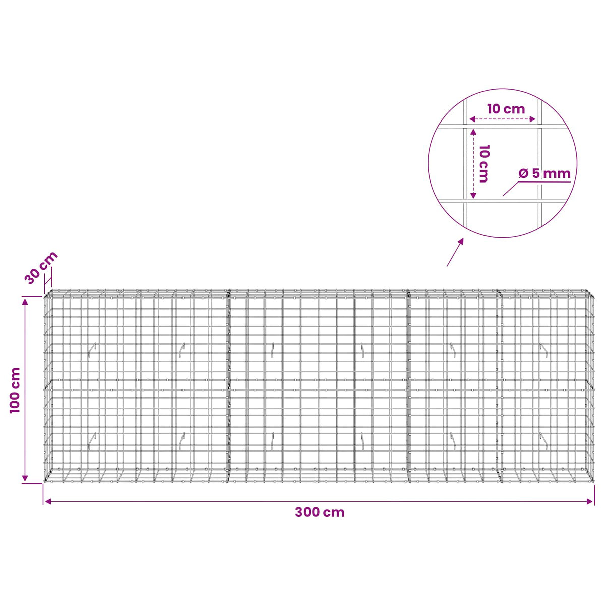 Gabion with 5 mm Wire and 10x10 cm Mesh 300x30x100 cm