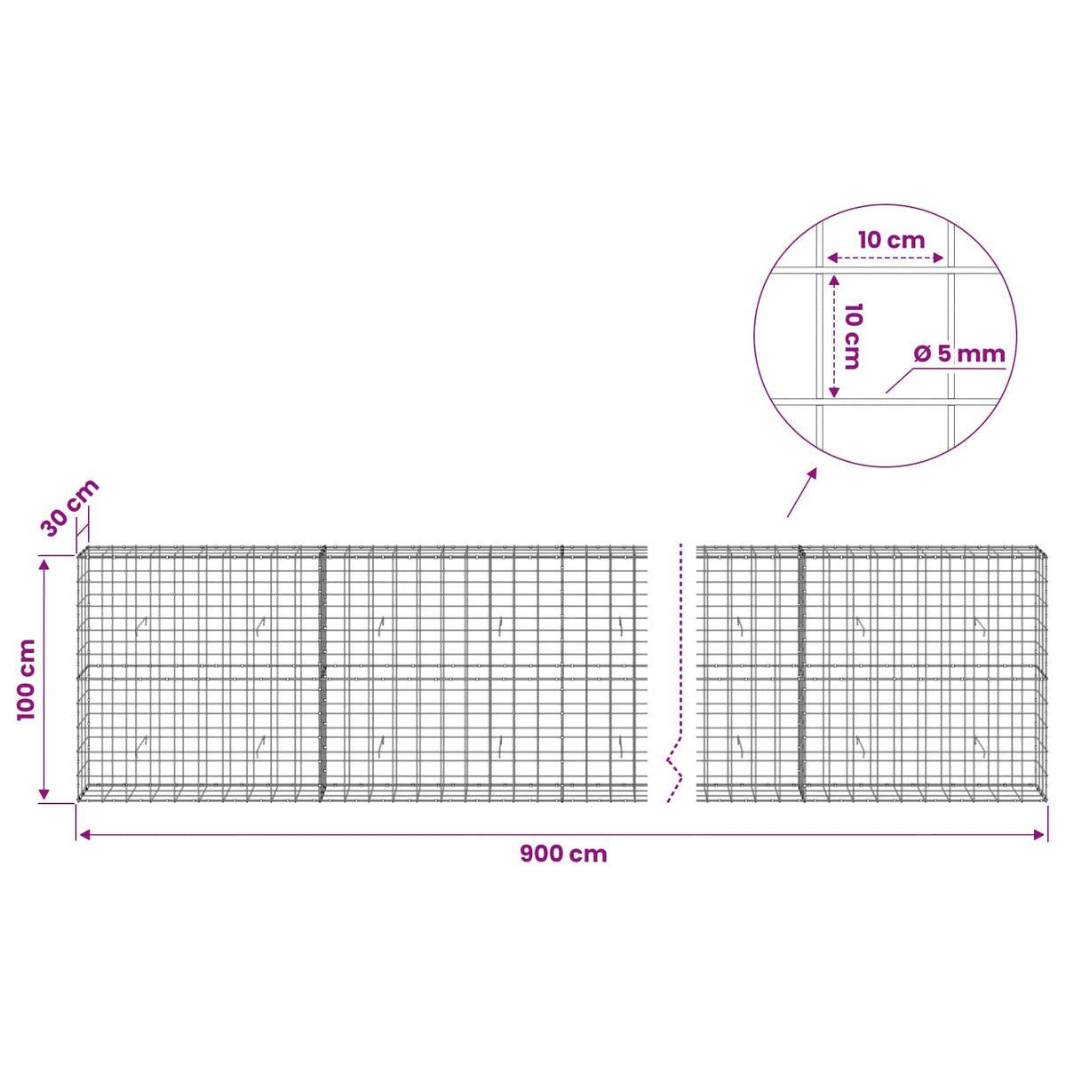Gabion with 5 mm Wire and 10x10 cm Mesh 900x30x100 cm