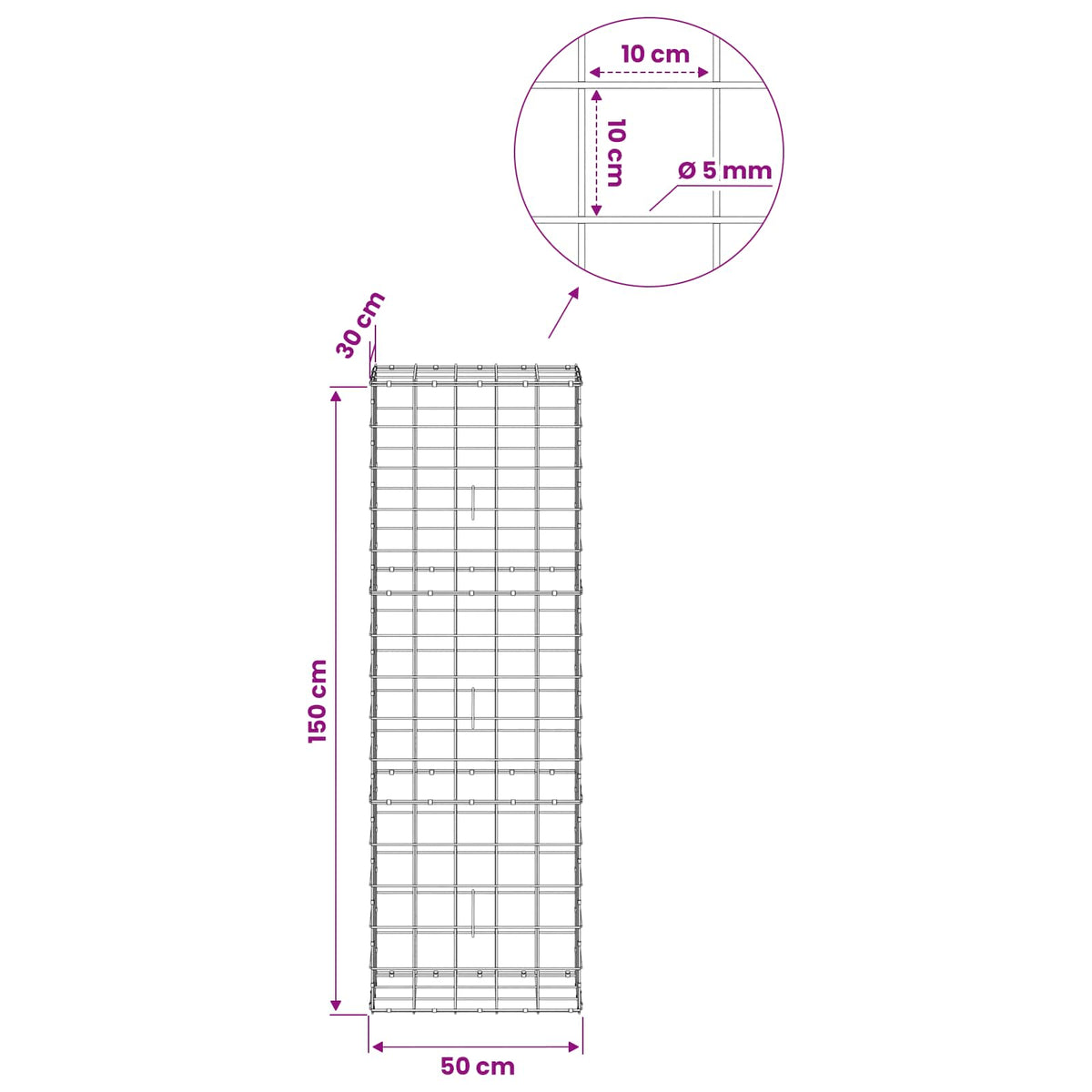 Gabion with 5 mm Wire and 10x10 cm Mesh 50x30x150 cm