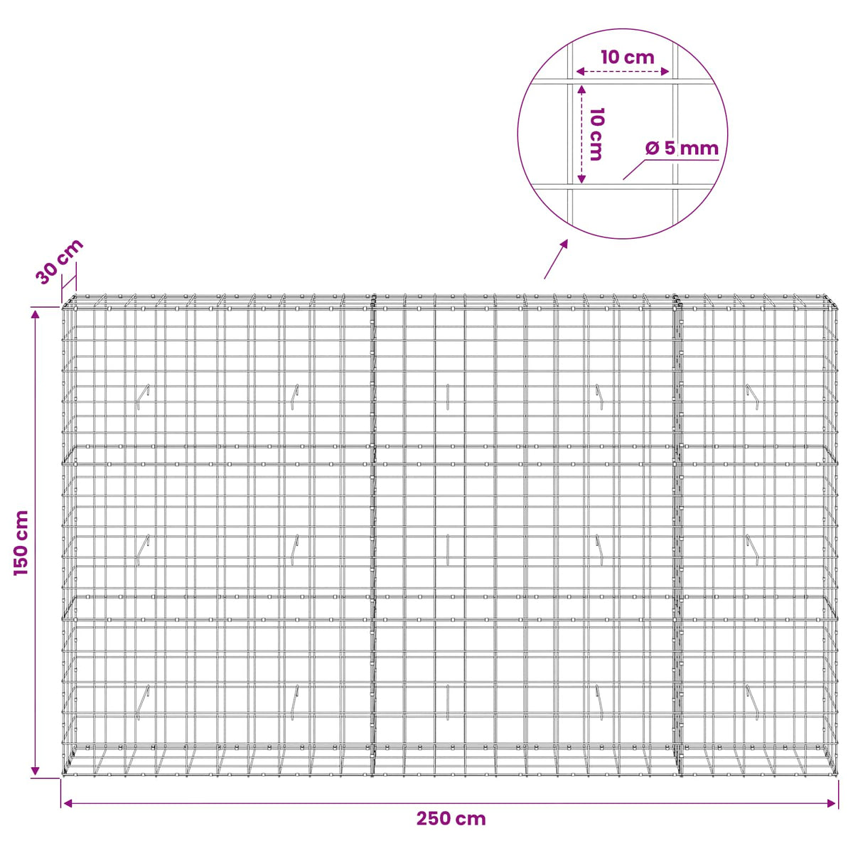 Gabion with 5 mm Wire and 10x10 cm Mesh 250x30x150 cm