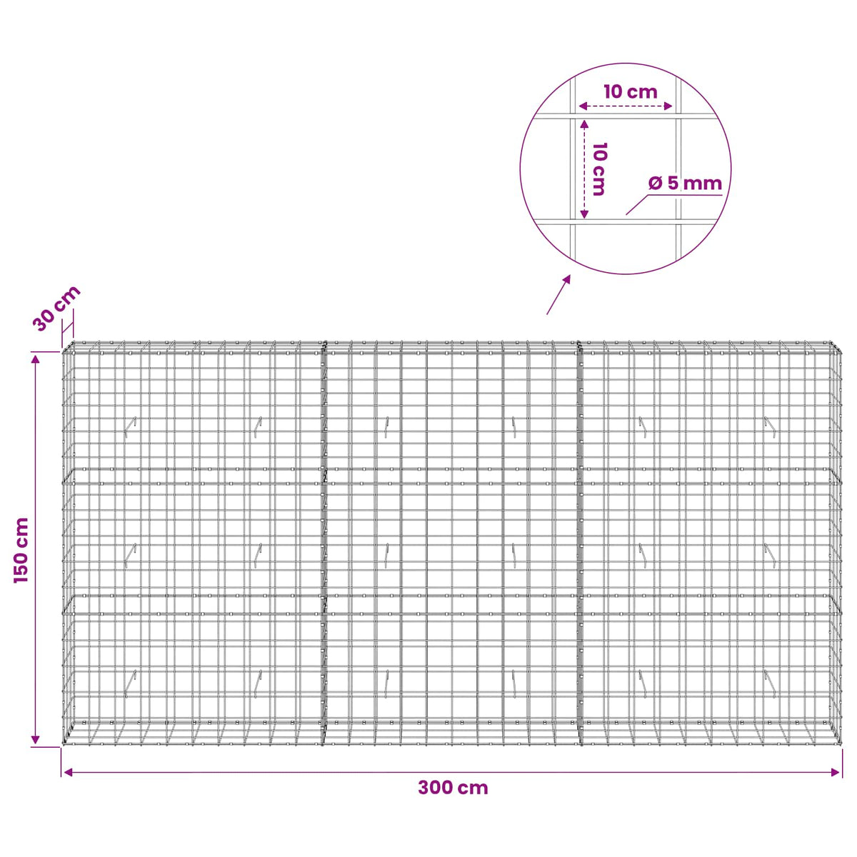 Gabion with 5 mm Wire and 10x10 cm Mesh 300x30x150 cm