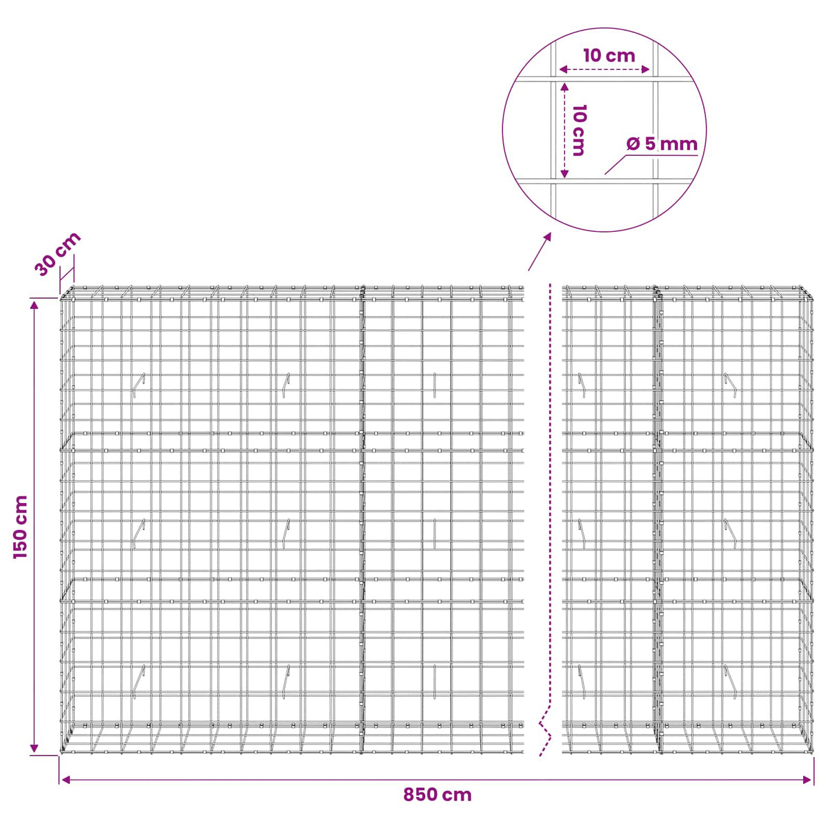 Gabion with 5 mm Wire and 10x10 cm Mesh 850x30x150 cm