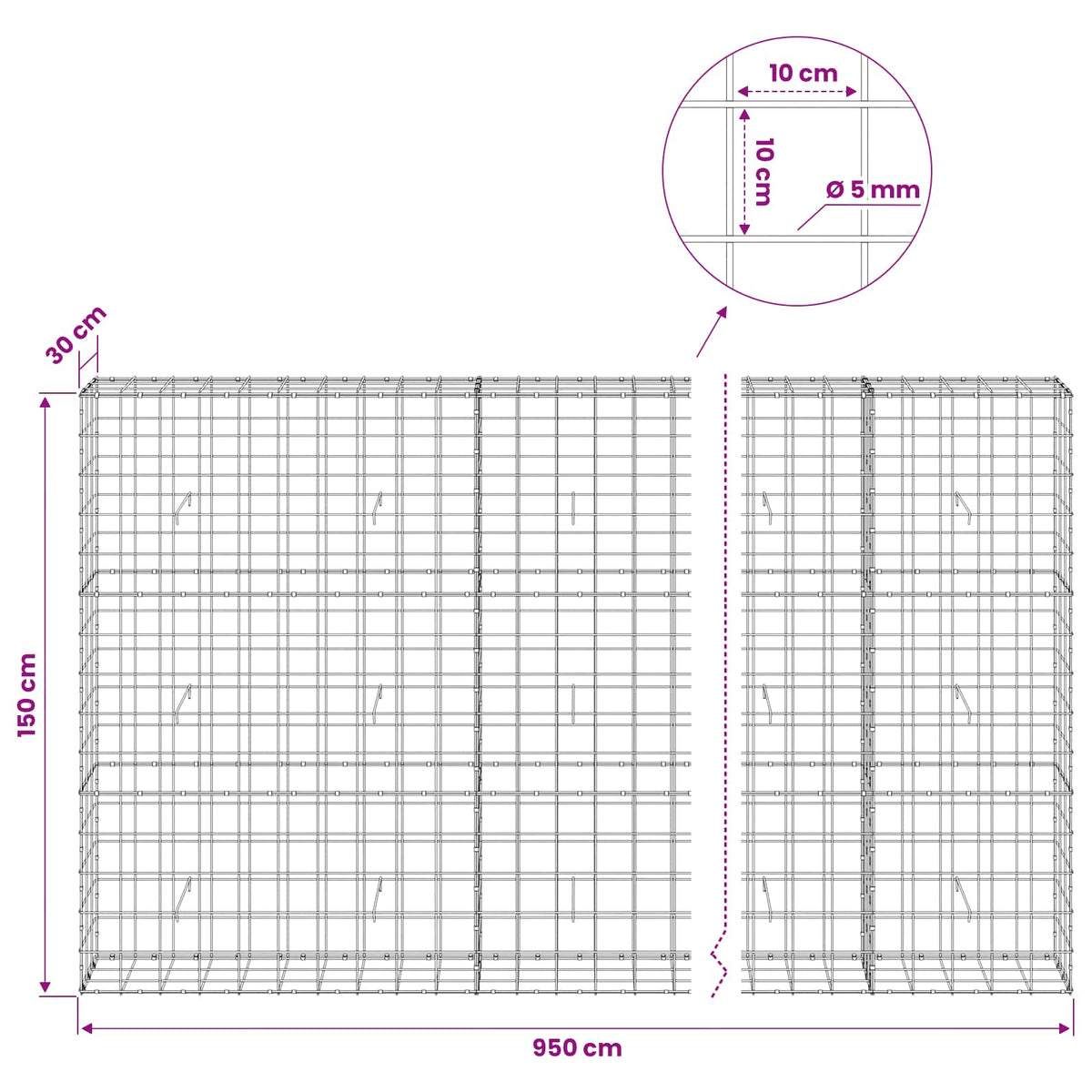 Gabion with 5 mm Wire and 10x10 cm Mesh 950x30x150 cm