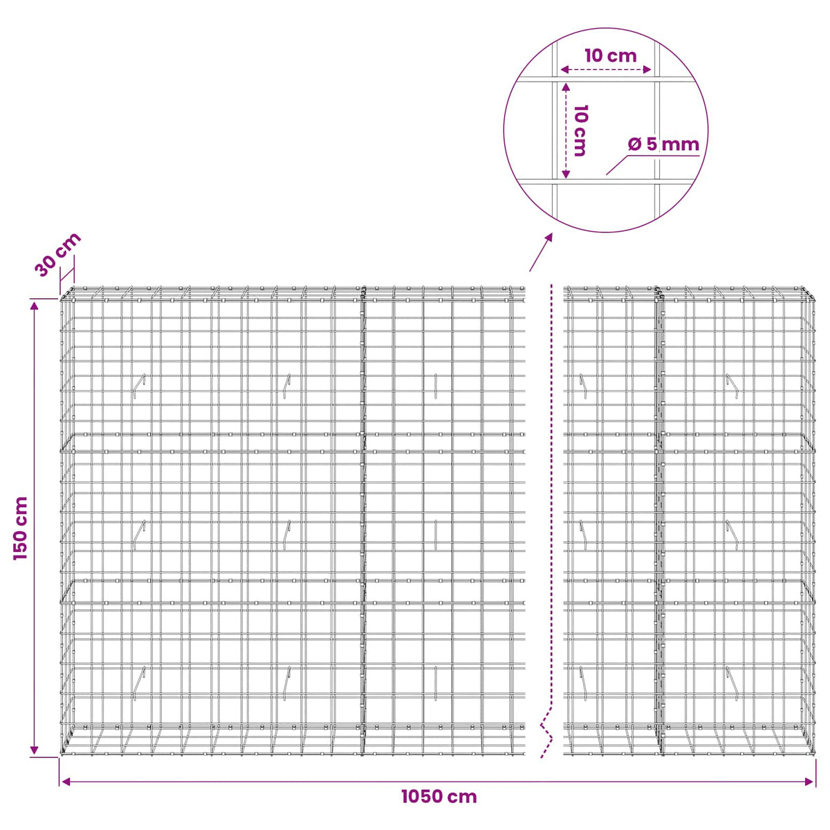 Gabion with 5 mm Wire and 10x10 cm Mesh 1050x30x150 cm