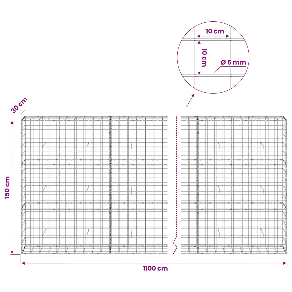 Gabion with 5 mm Wire and 10x10 cm Mesh 1100x30x150 cm