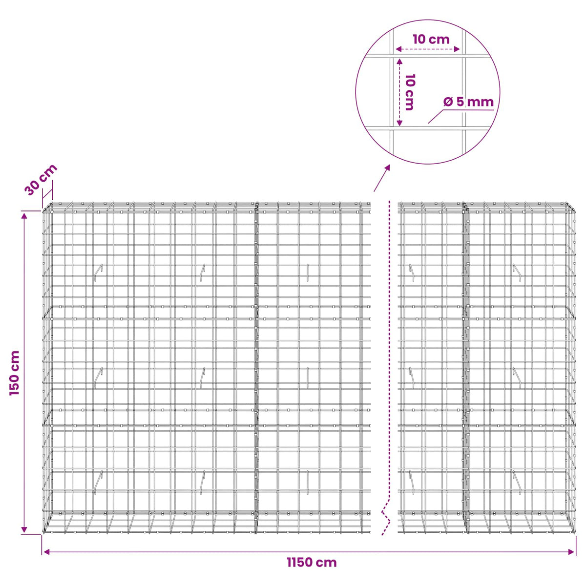 Gabion with 5 mm Wire and 10x10 cm Mesh 1150x30x150 cm