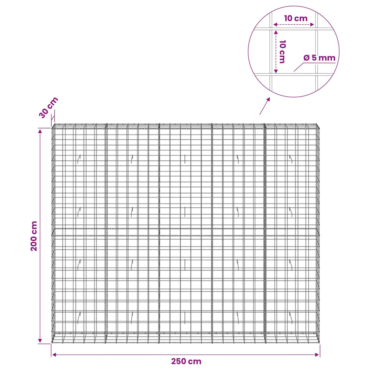 Gabion with 5 mm Wire and 10x10 cm Mesh 250x30x200 cm