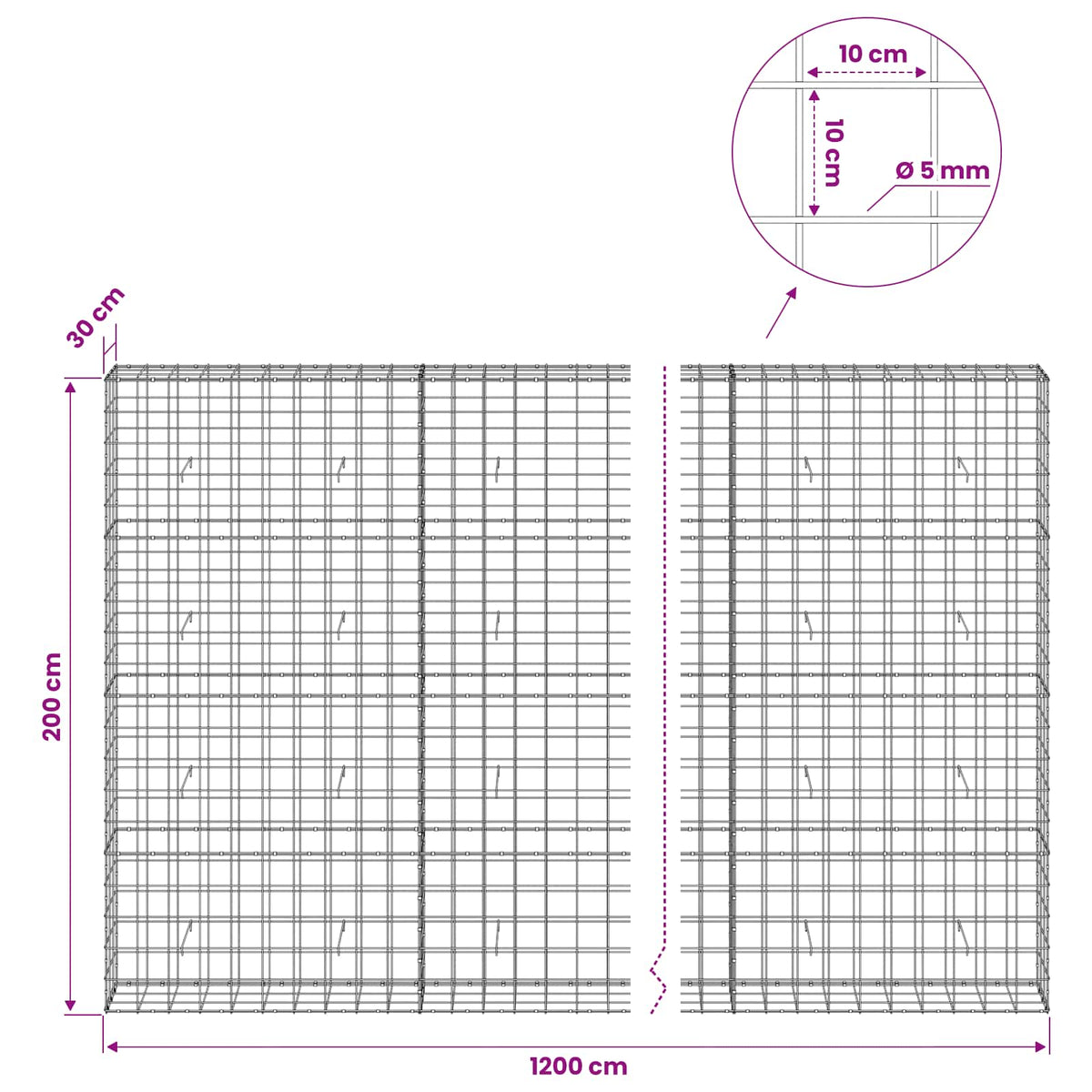 Gabion with 5 mm Wire and 10x10 cm Mesh 1200x30x200 cm