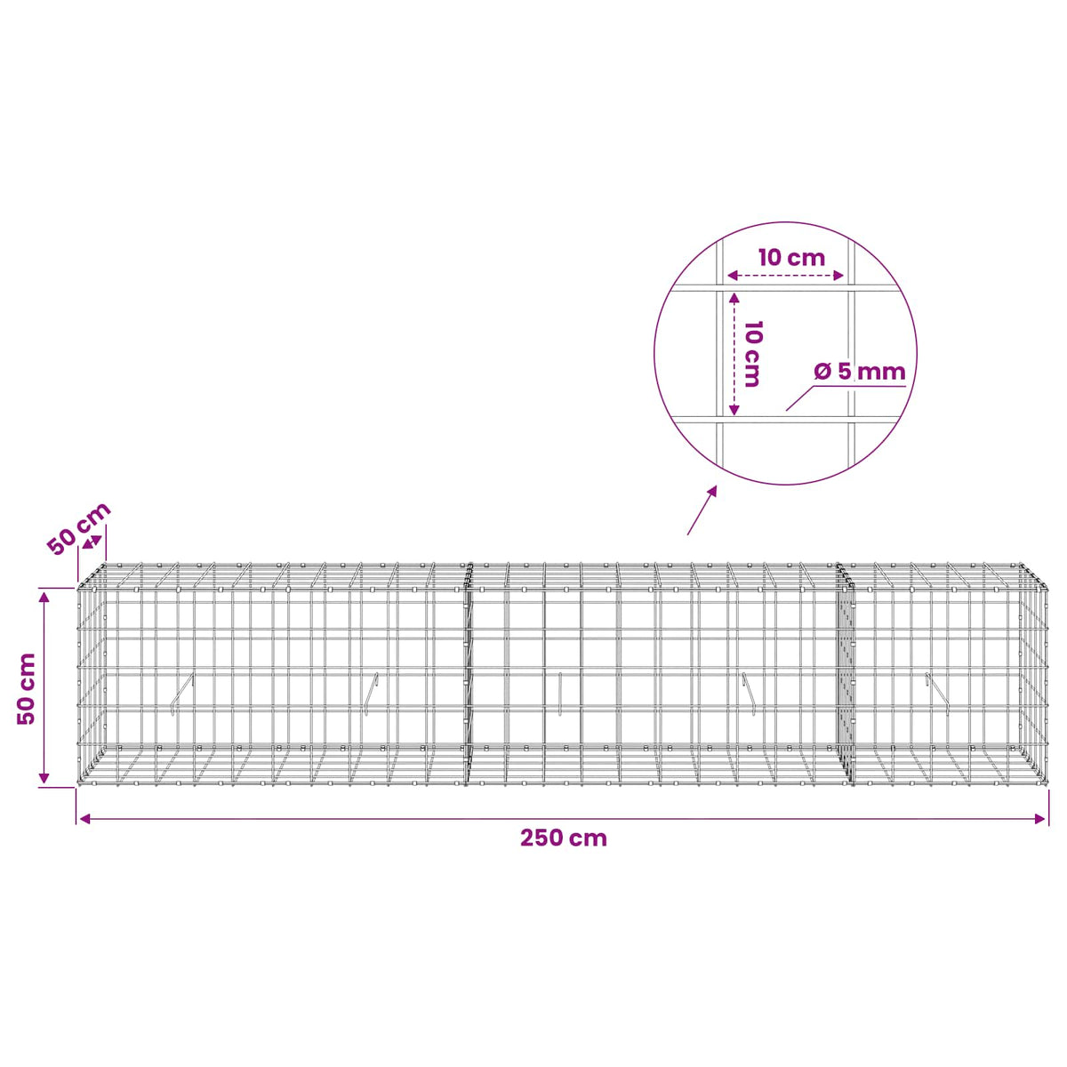 Gabion with 5 mm Wire and 10x10 cm Mesh 250x50x50 cm