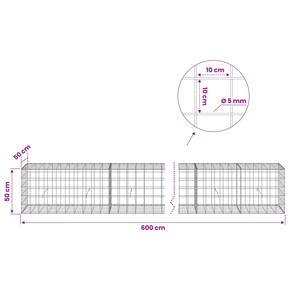 Gabion with 5 mm Wire and 10x10 cm Mesh 600x50x50 cm