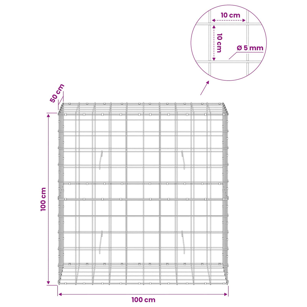 Gabion with 5 mm Wire and 10x10 cm Mesh 100x50x100 cm