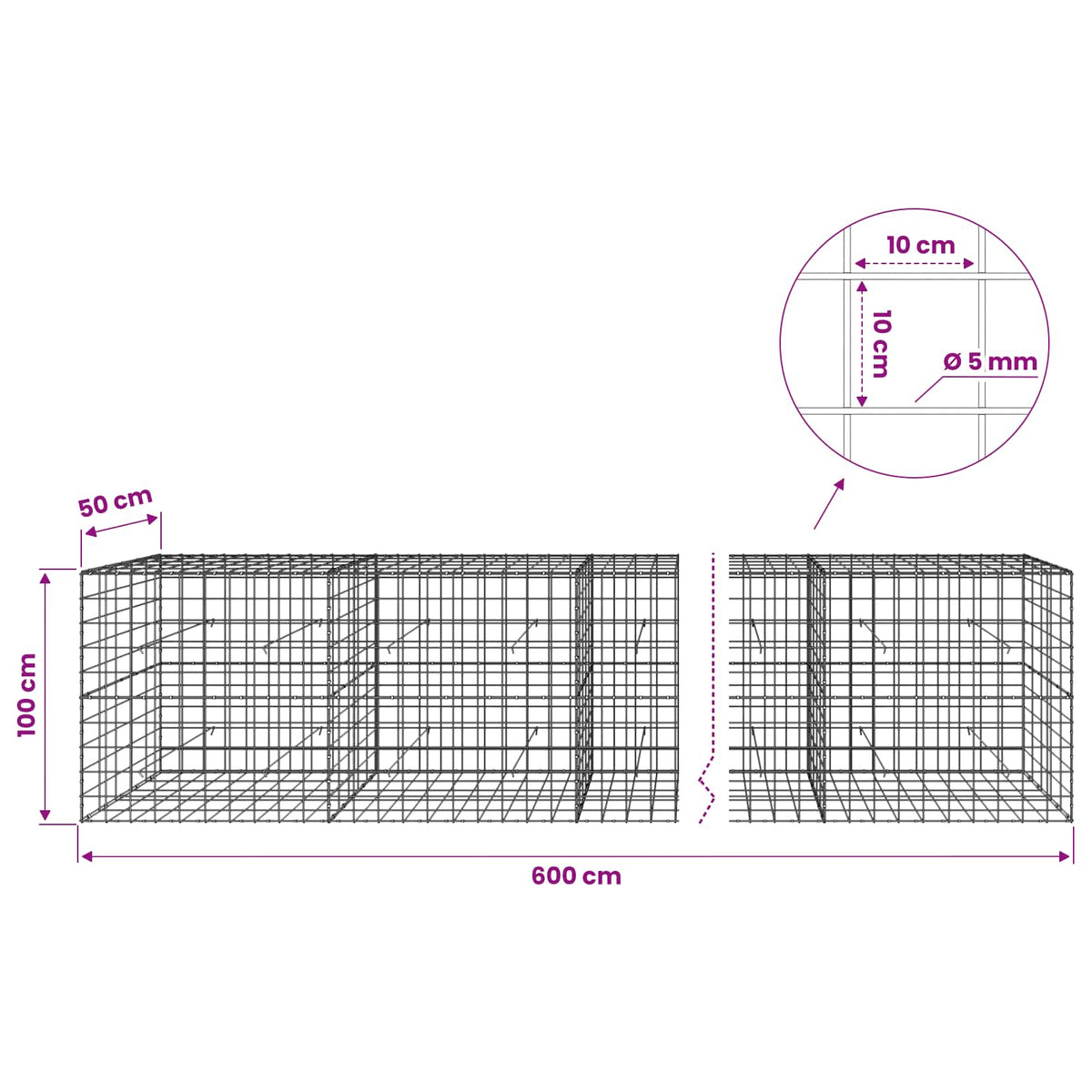 Gabion with 5 mm Wire and 10x10 cm Mesh 600x50x100 cm