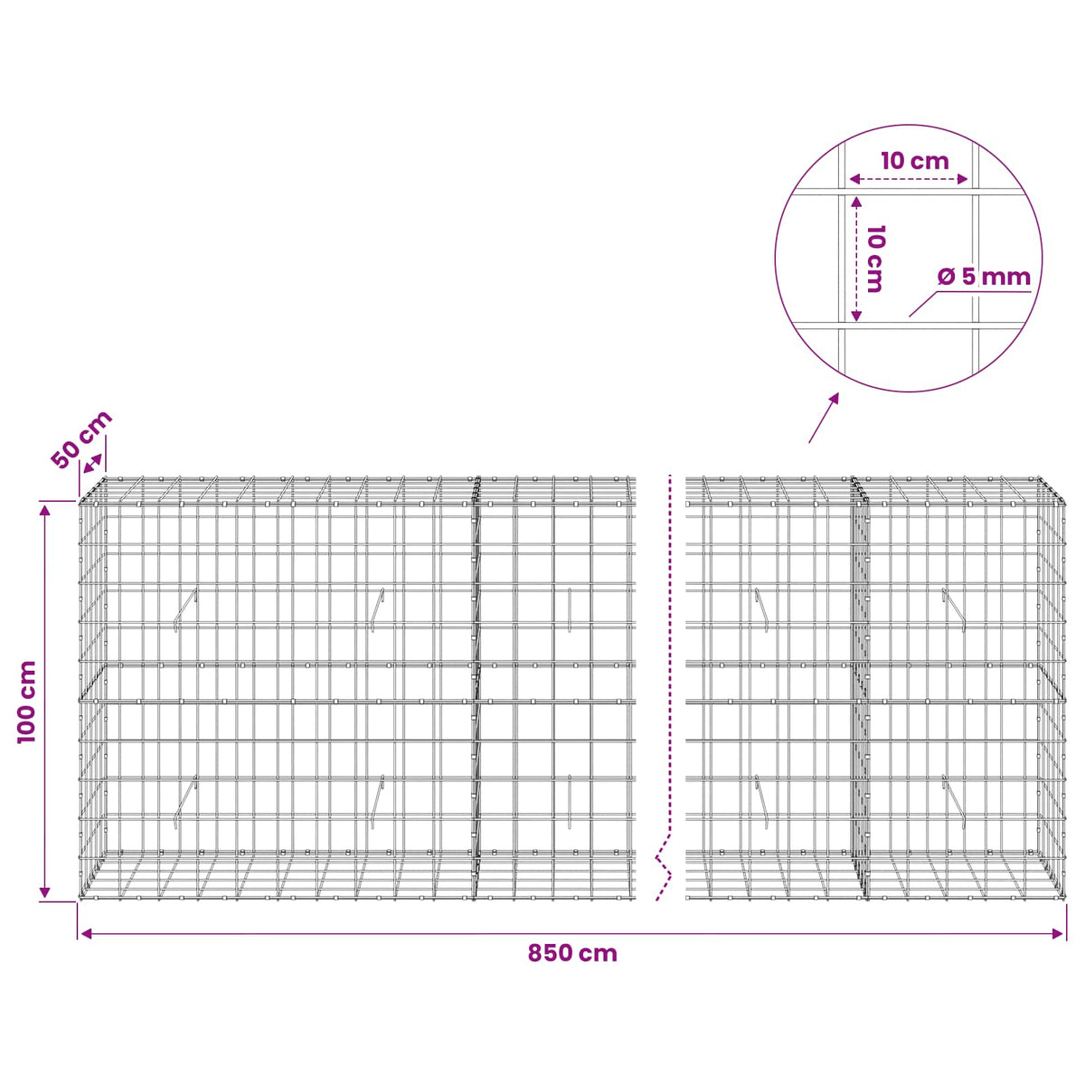 Gabion with 5 mm Wire and 10x10 cm Mesh 850x50x100 cm