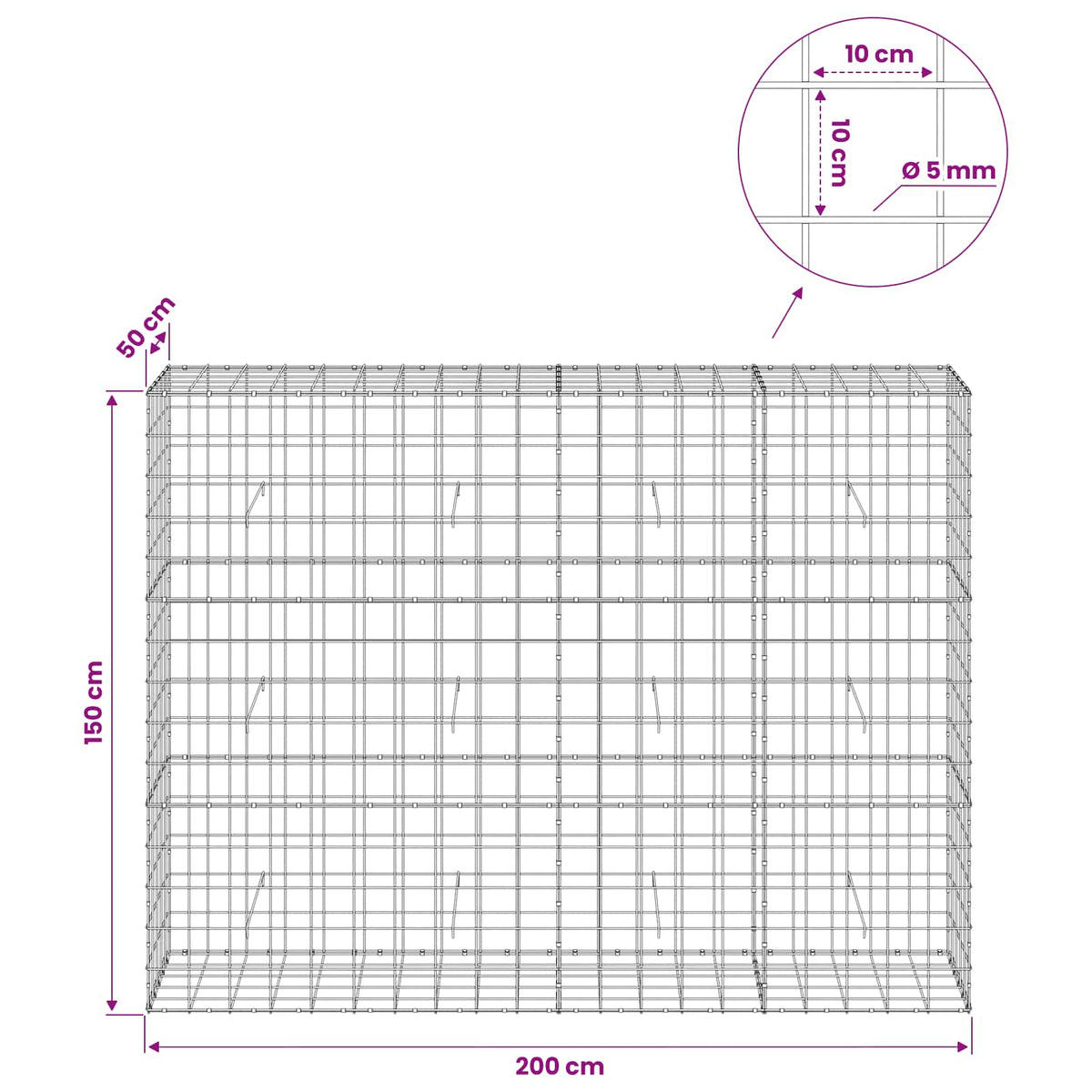 Gabion with 5 mm Wire and 10x10 cm Mesh 200x50x150 cm