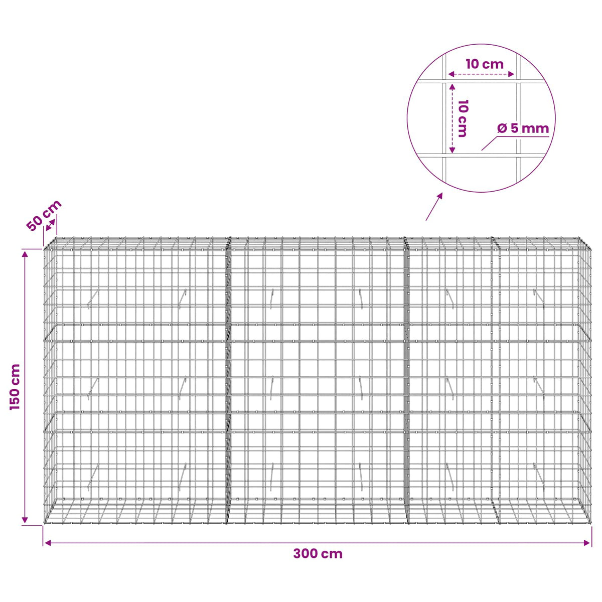 Gabion with 5 mm Wire and 10x10 cm Mesh 300x50x150 cm