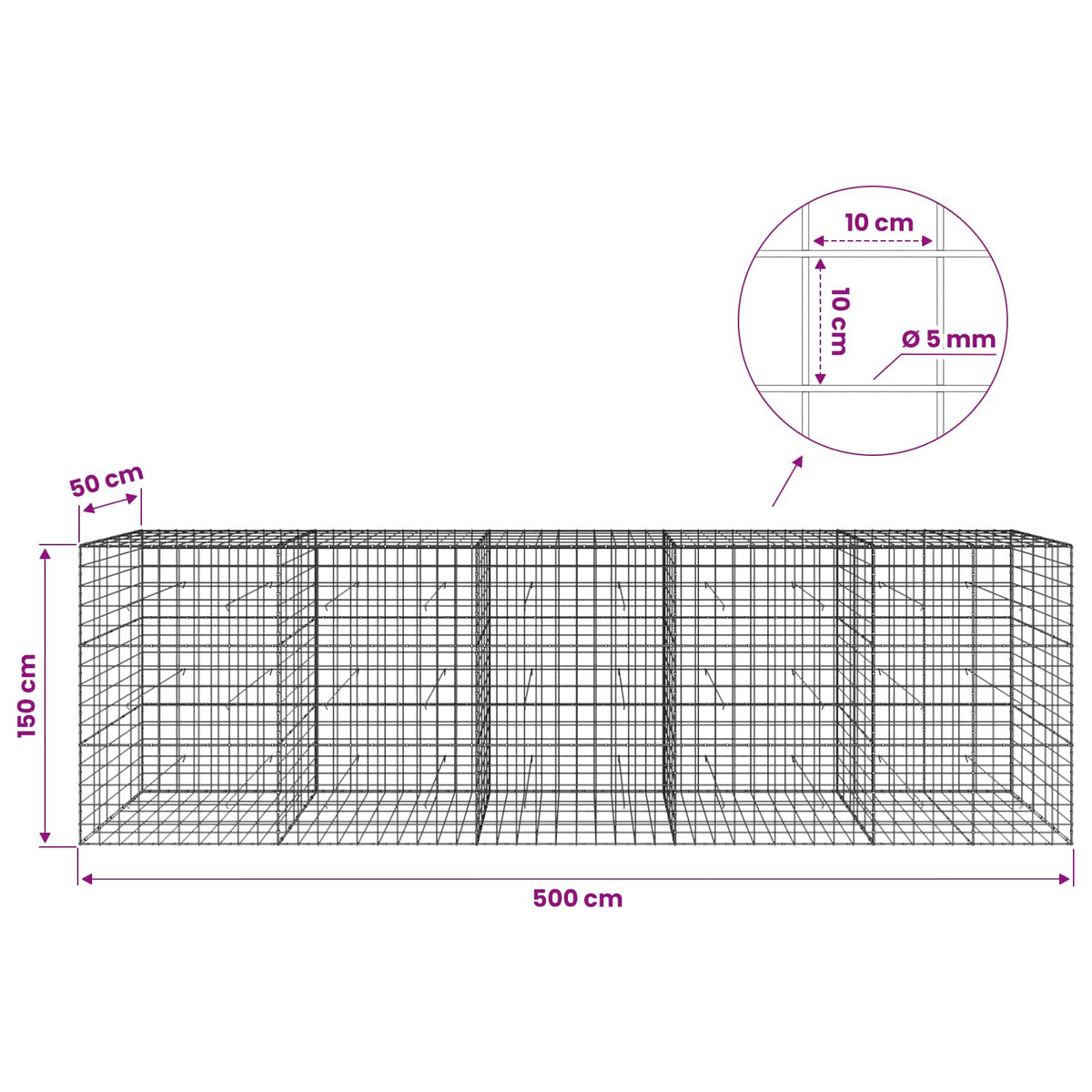 Gabion with 5 mm Wire and 10x10 cm Mesh 500x50x150 cm