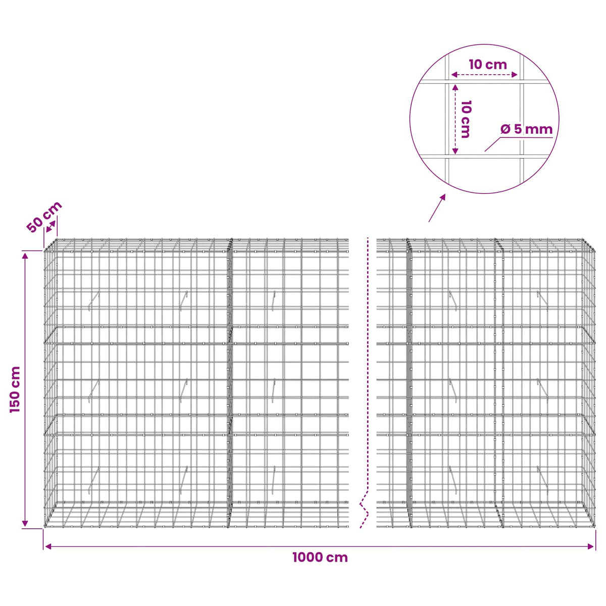 Gabion with 5 mm Wire and 10x10 cm Mesh 1000x50x150 cm