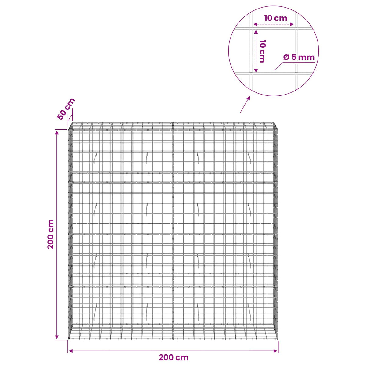 Gabion with 5 mm Wire and 10x10 cm Mesh 200x50x200 cm