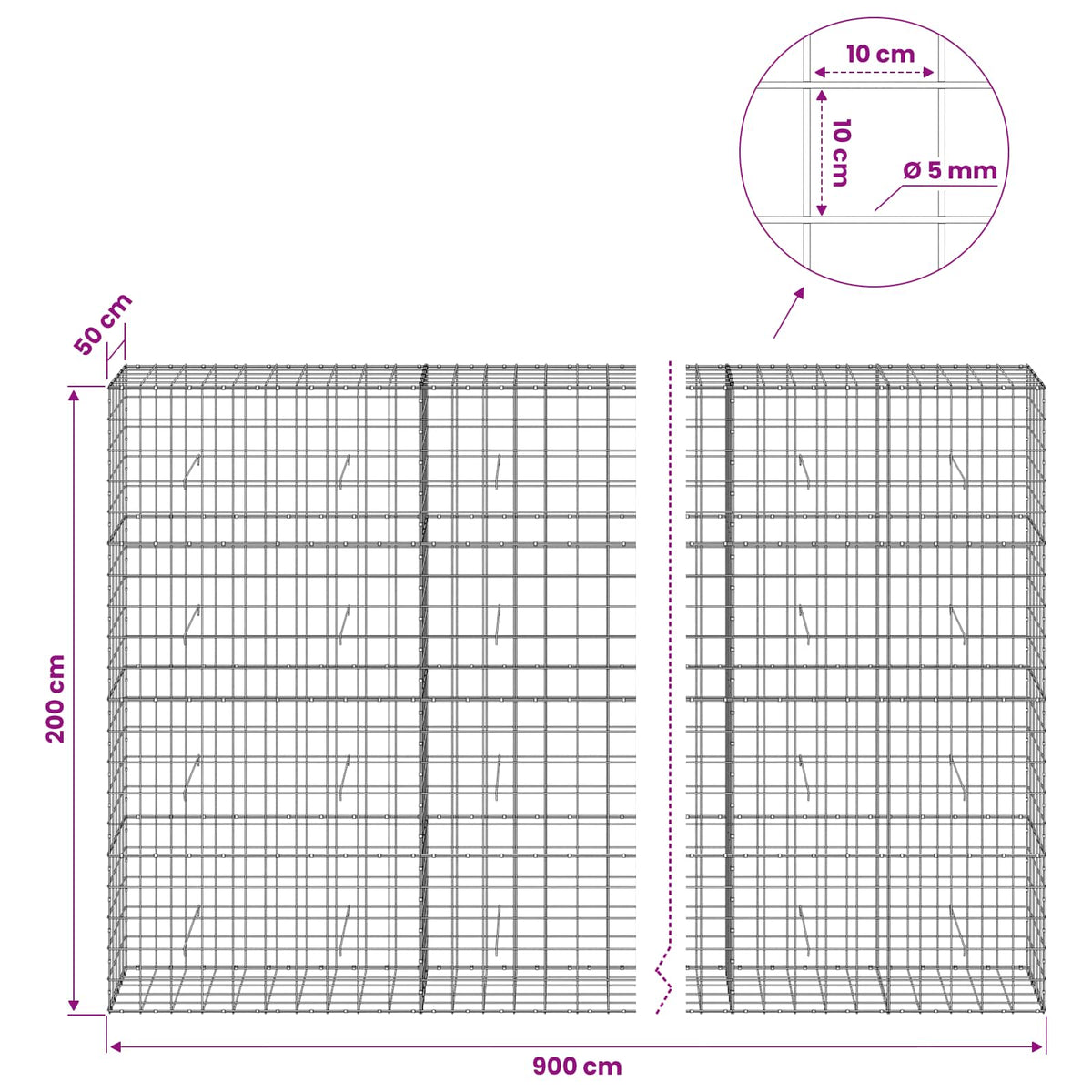 Gabion with 5 mm Wire and 10x10 cm Mesh 900x50x200 cm