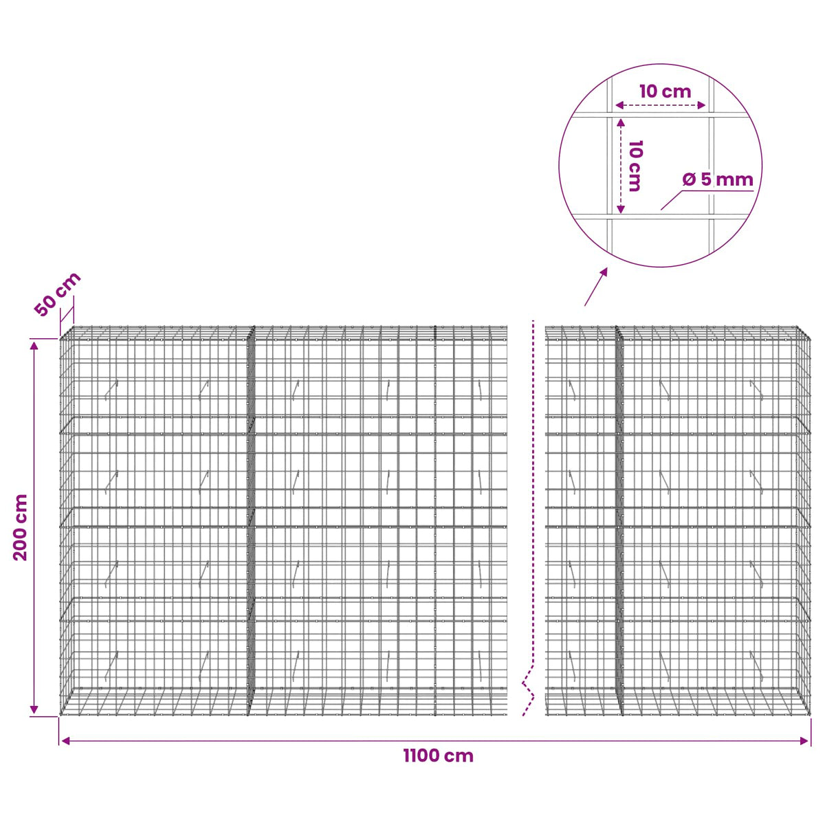 Gabion with 5 mm Wire and 10x10 cm Mesh 1100x50x200 cm