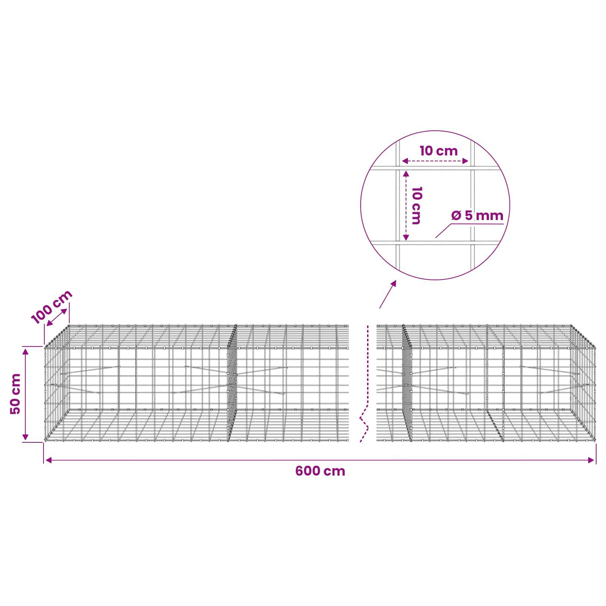 Gabion with 5 mm Wire and 10x10 cm Mesh 600x100x50 cm