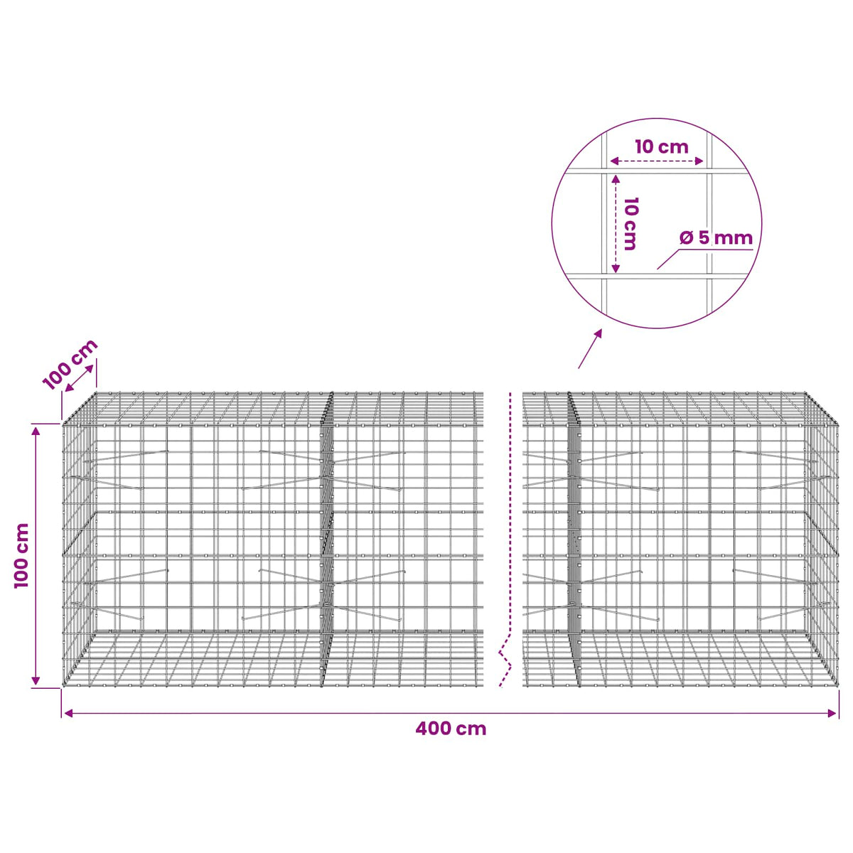 Gabion with 5 mm Wire and 10x10 cm Mesh 400x100x100 cm