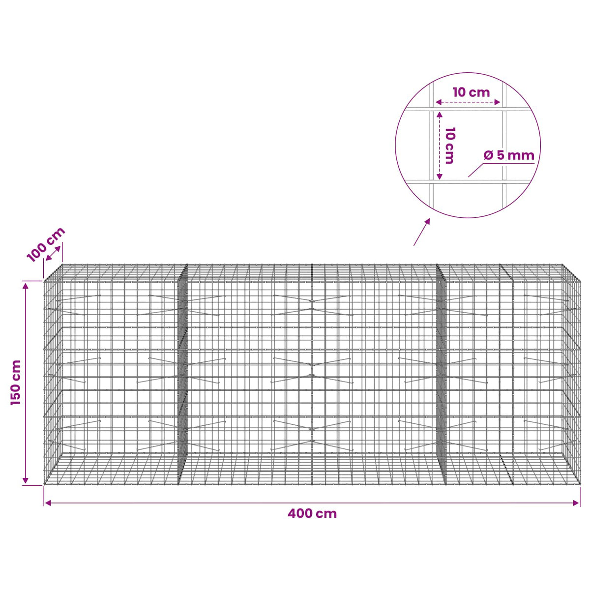 Gabion with 5 mm Wire and 10x10 cm Mesh 400x100x150 cm