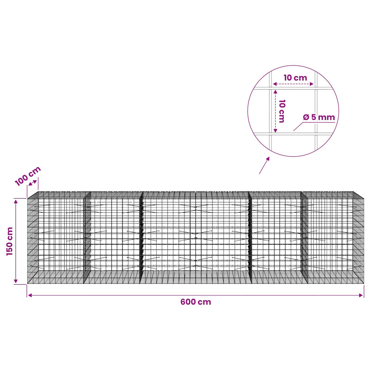 Gabion with 5 mm Wire and 10x10 cm Mesh 600x100x150 cm
