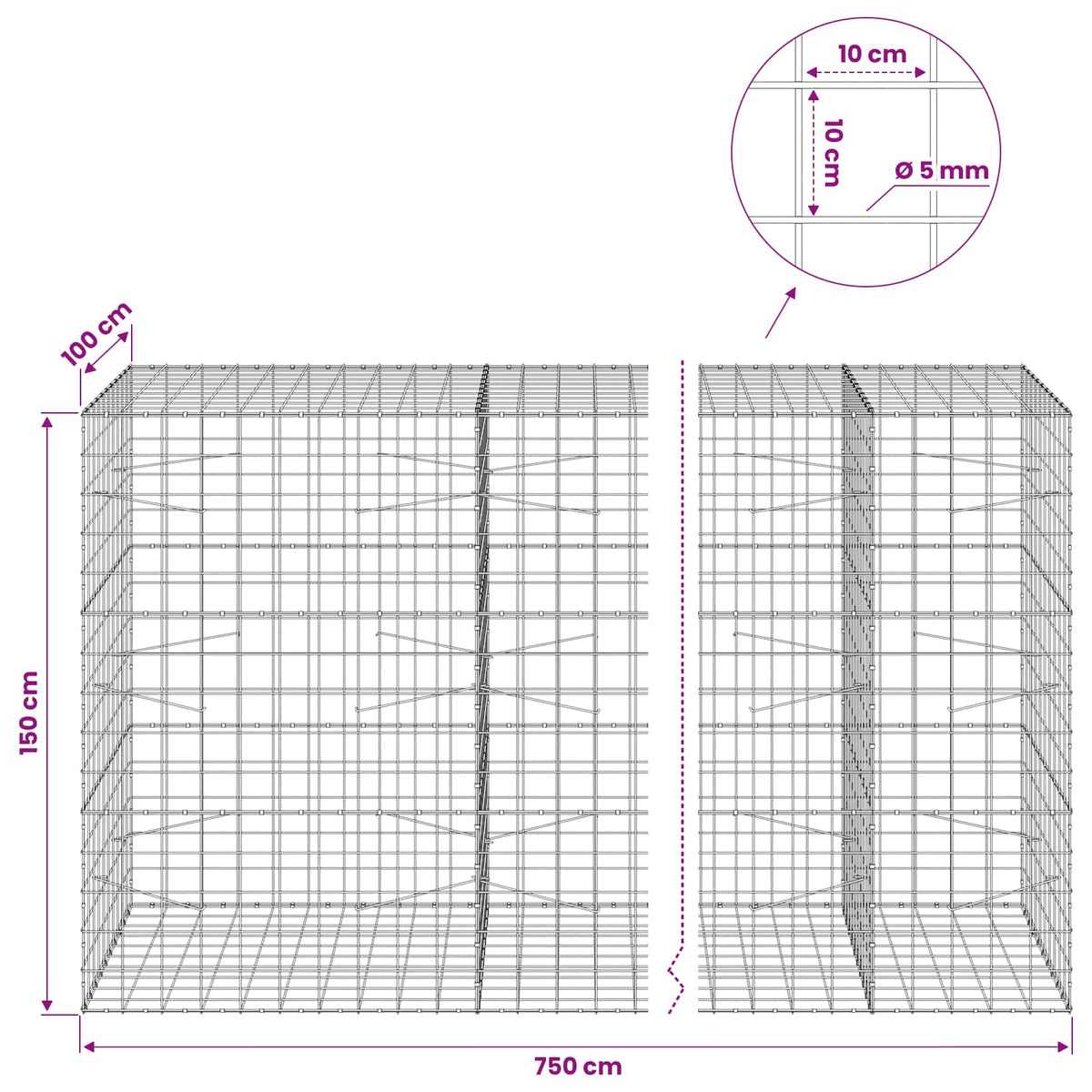 Gabion with 5 mm Wire and 10x10 cm Mesh 750x100x150 cm