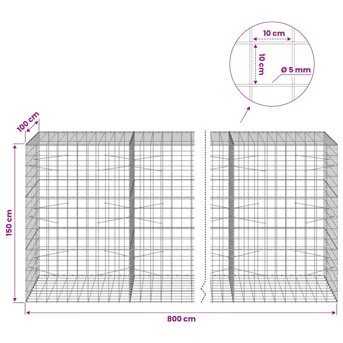 Gabion with 5 mm Wire and 10x10 cm Mesh 800x100x150 cm